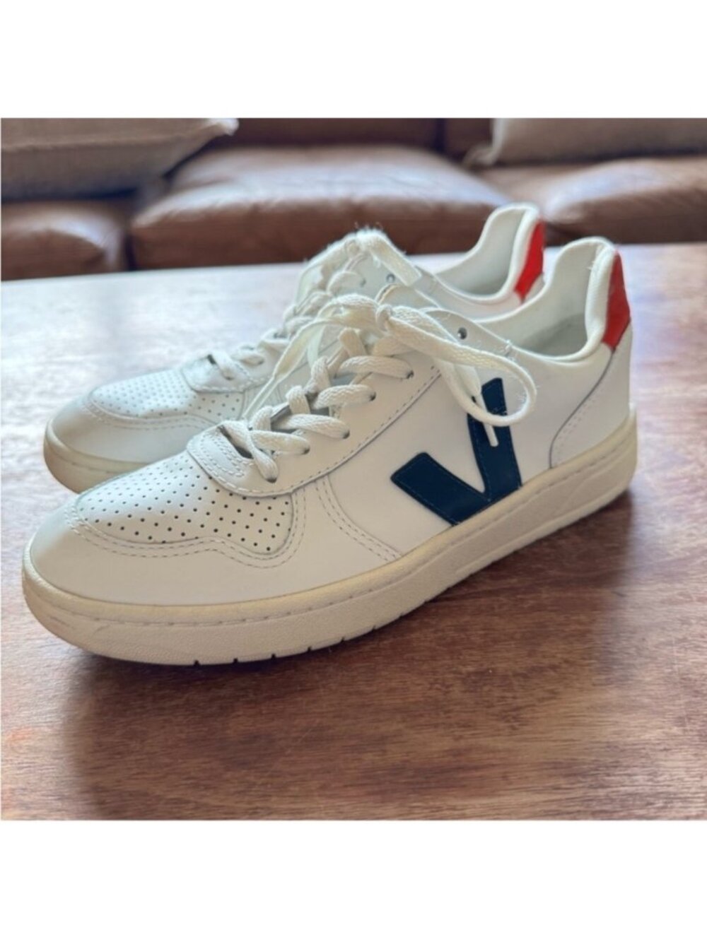 Veja White Sneakers with Navy V and Red  Heel Tab - Picture 7 of 12